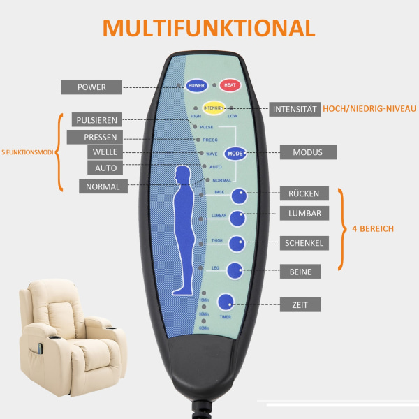 Massagestol, Tv-Stol, Afslapningsstol Med Varmefunktion, Tv-Stol Med Lænefunktion Med Fjernbetjening, Kopholder, 85 X 94 X 104 Cm