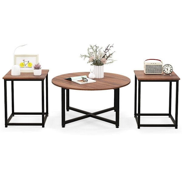 Set med 3 soffbord med robust metallstomme, runt soffbord och 2 fyrkantiga sidobord, bruna