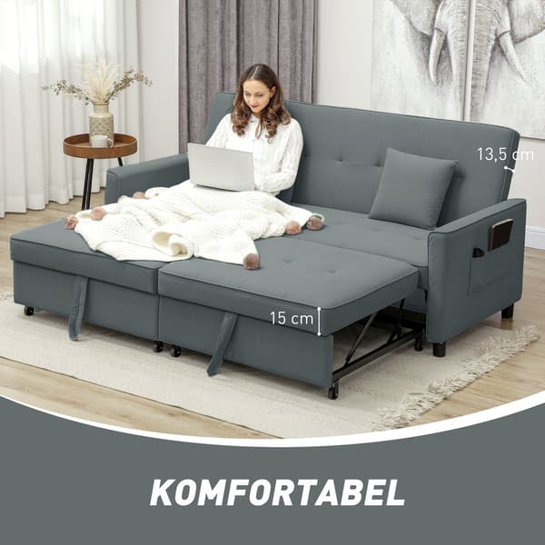 Konvertibel 3-sits bäddsoffa med justerbart ryggstöd, grå