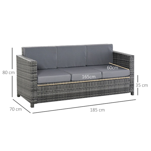 Trädgårdsloungesoffa i polyrotting 3-sits med kuddar, grå, metall & polyester, 185 x 70 x 80 cm, perfekt för terrass och balkong