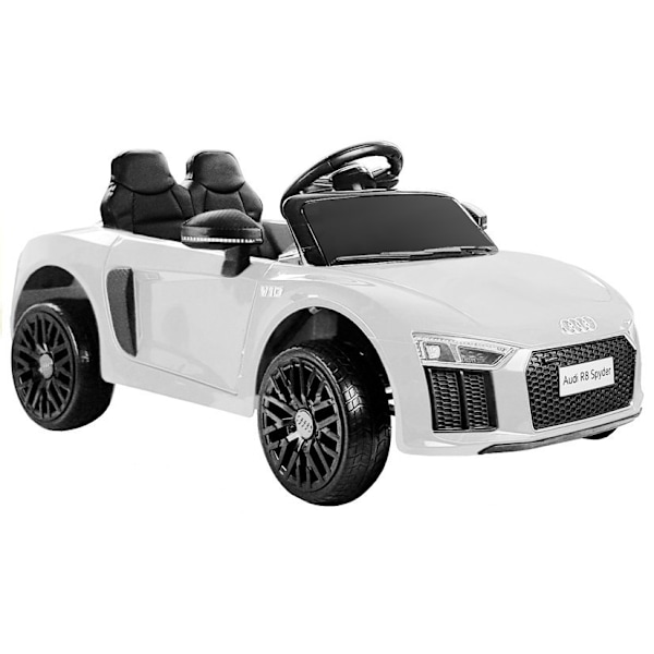 Valkoinen Audi R8 Spyder Electric Ride-On -auto musiikkipaneelilla