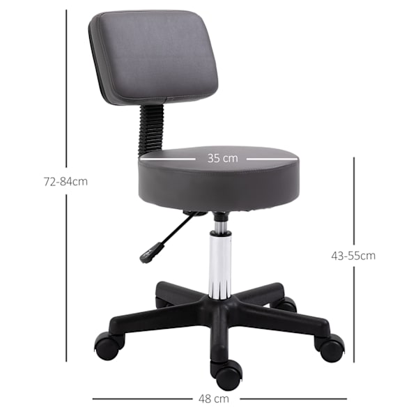 Rulleskammel, højdejusterbar arbejdsskammel med ryglæn, roterende salontaburet til massagekontor, kunstlæder, grå, diameter 35 x 72-84 cm