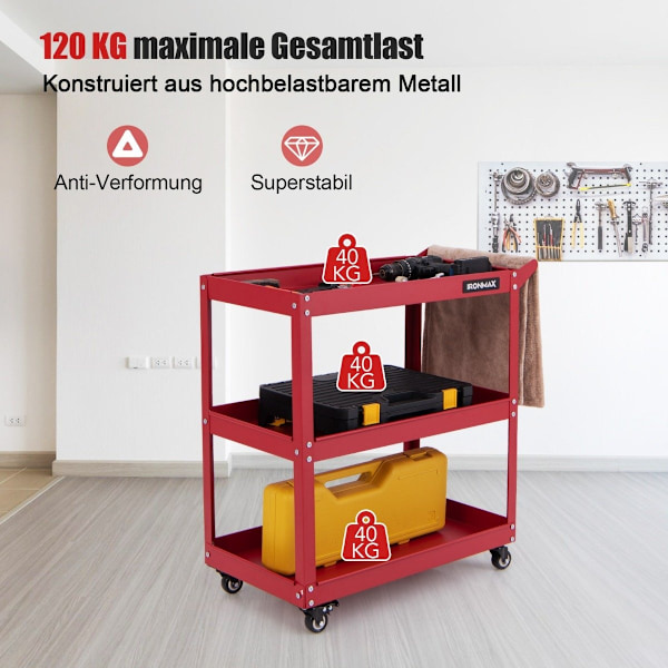 Työpajavaunu 3-tasoinen työpajavaunu, jossa 4 yleispyörää ja kahva 73 x 36 x 75 cm punainen