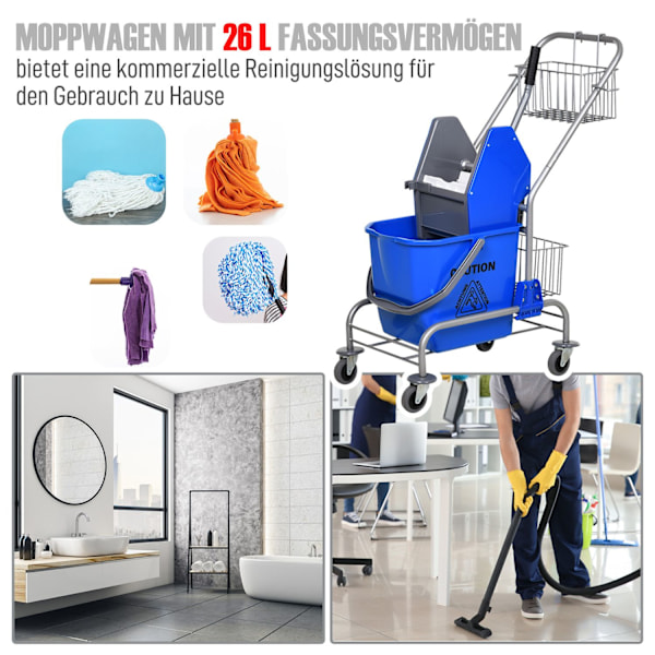 Siivousvaunu kotitalouskärry ammattileivinpuristin ämpäri 26 L + säilytyskori sininen 73L x 45L x 95K cm Aosom