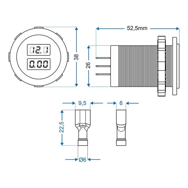 Indbygget digitalt volt-amperemeter 6-30V / 0-10A