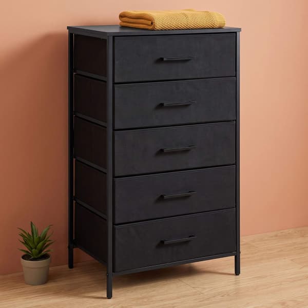 Sort stofkommode med 5 skuffer – metalramme, MDF-top