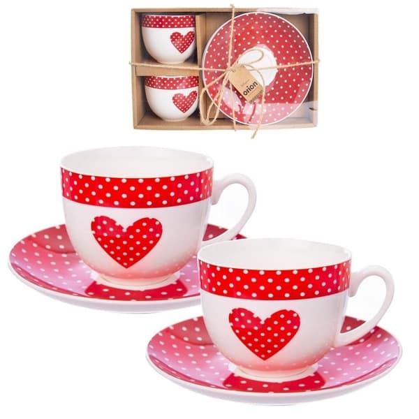 Presentset: 2 koppar med handtag och fat i presentask