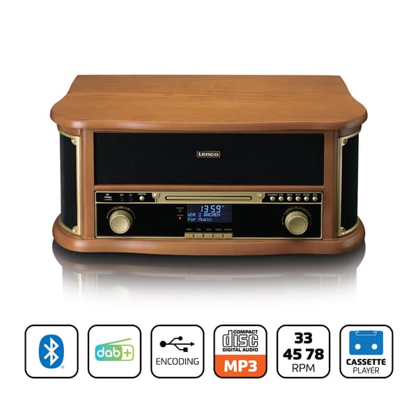 Puinen retrolevysoitin Bluetoothilla, CD-soittimella, kasetilla