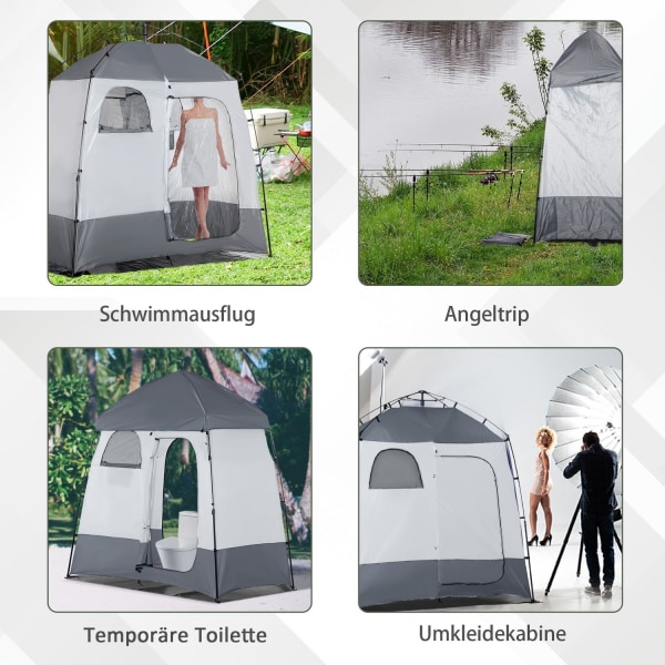 Brusetelt Til 2 Personer Toilettelt Med Transportpose, 3 Døre, 2 Vinduer, Omklædningsrum, Grå