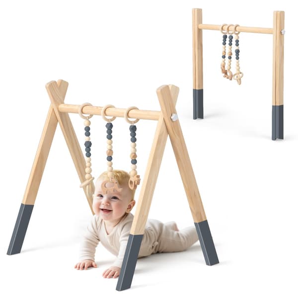 Babyaktivitetsgym, foldbart trælegetøj med 3 legetøj