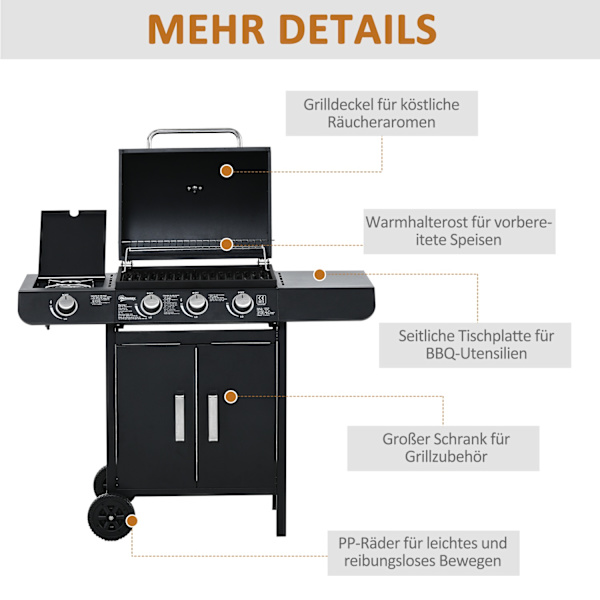 Kaasugrilli Bbq Grill Cart 3 Polttimella 1 Sivupoltin Paineenalennusletkut Kaappi Monitoimi Teräs Musta 110 X 50 X 100 Cm