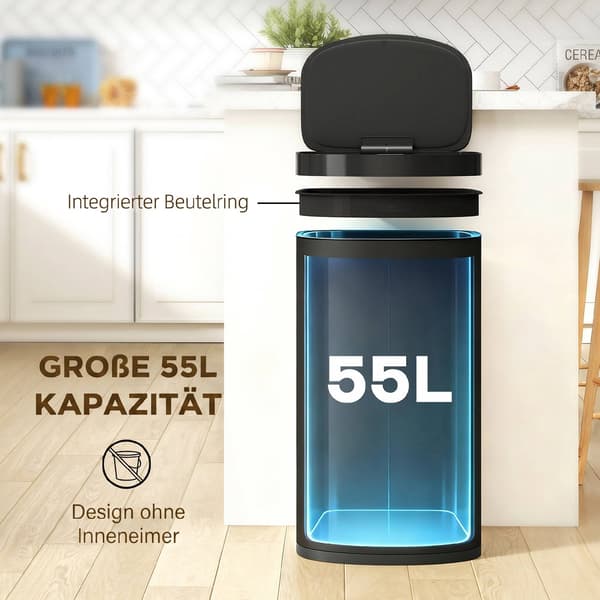 55L Sensor skraldespand, Soft-Close låg, Rustfrit stål, Sort