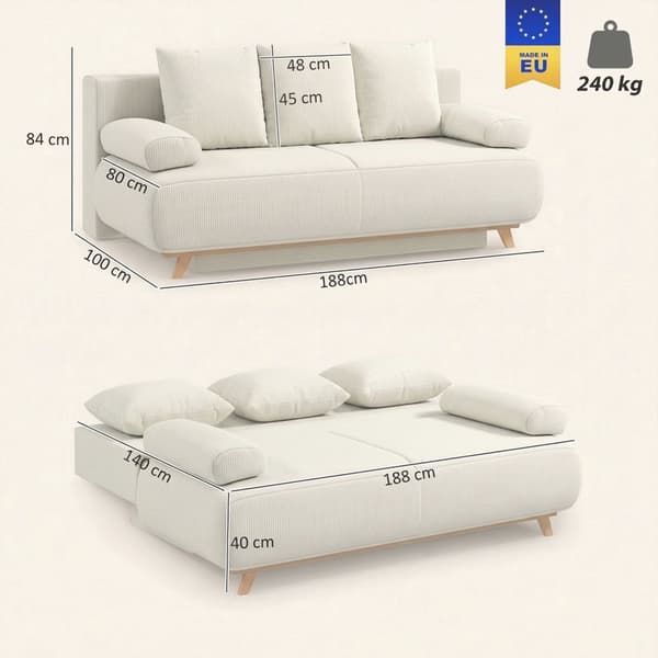 Konvertibel bäddsoffa med justerbart ryggstöd, manchester, beige