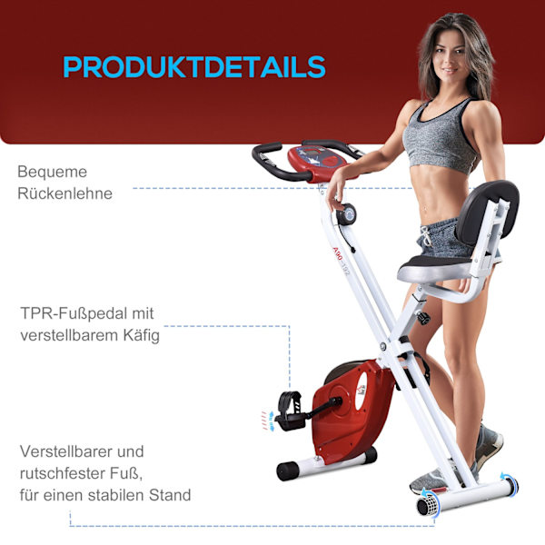 Motionscykel Cykeltræner Med 8 Niveauer Af Justerbar Magnetisk Modstand, Højdejusterbar Stål Rød + Hvid 43 X 97 X 109 Cm