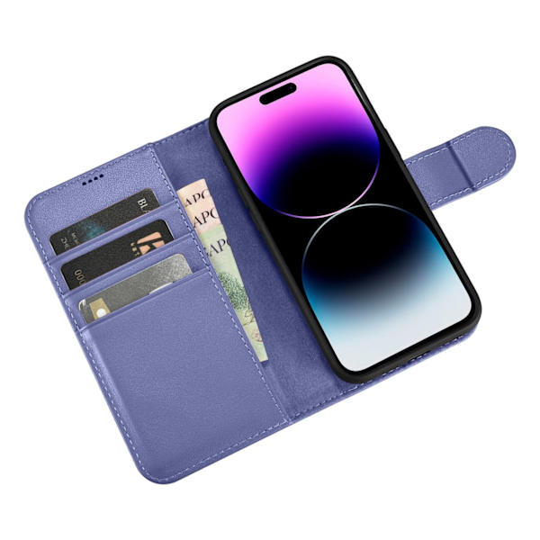 2-i-1 læder Flip Cover iPhone 14 Pro Anti-RFID pung etui lys lilla