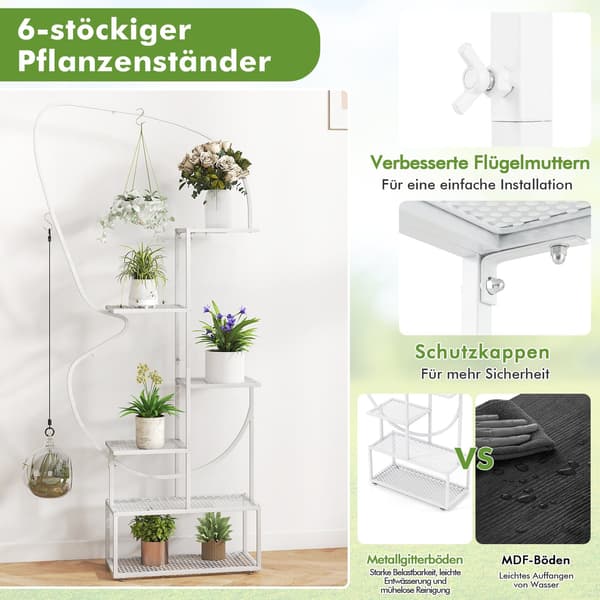6-våningar metallfjärilsväxtställ med krokar, vit