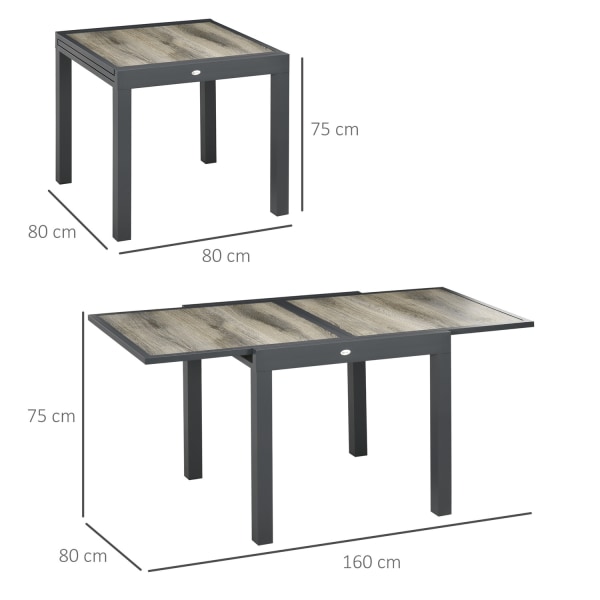 Havebord, Spisebord Til Haven Med Udtrækbar Bordplade, Terrassebord Med Trælook, Altanbord Lavet Af Aluminium, Beige + Grå, 160 X 80 X 75 Cm