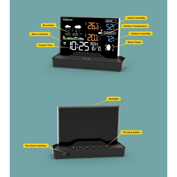 Bakgrundsbelyst väderstation med LCD-display, trådlös, med utomhussensor, termometer, barometer, klocka