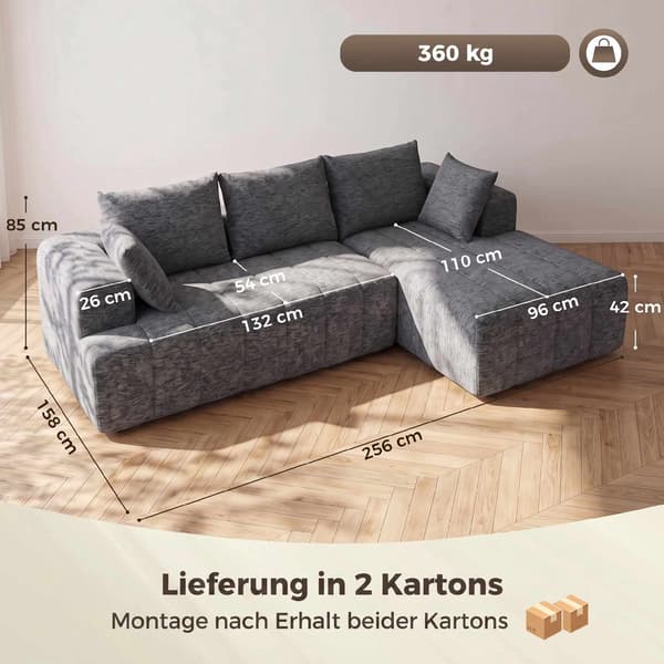 Konvertibel L-formad chenillebäddsoffa med fotpall, grå