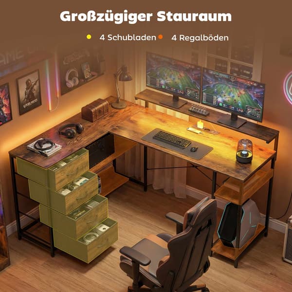 Vendbart L-formet gamingbord med LED-lys og opbevaring