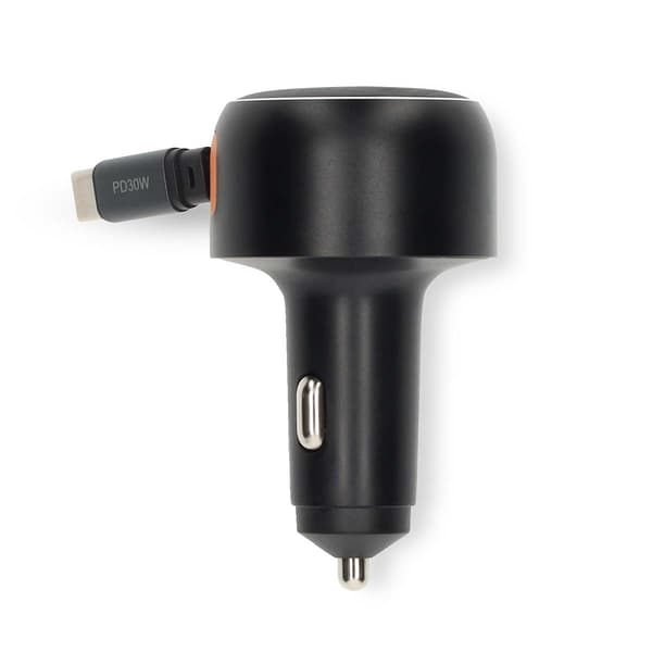 USB-C billaddare, 30W, utdragbar kabel, automatisk spänning