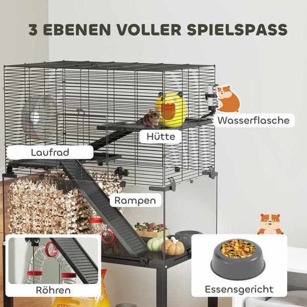 Kolmikerroksinen hamsterinhäkki pyörillä ja lisävarusteilla