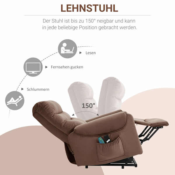 TV-lænestol, elektrisk ståstol med massagefunktion, fjernbetjening, varme, liggefunktion, polyester, lysebrun, 79x97x103cm