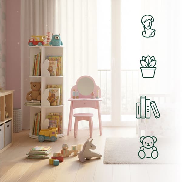 Roterande barnbokhylla, vit, kaninörondesign