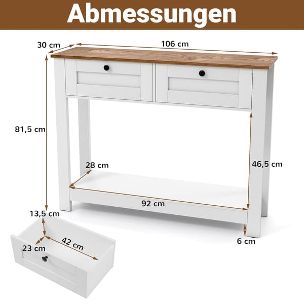 Trækonsolbord med 2 skuffer og hylder, hvid