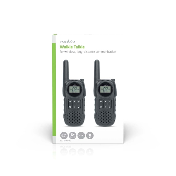 Walkie-talkie sæt | 2 håndsæt | Op til 10 km | Frekvenskanaler: 8 | PTT / VOX | op til 3 timer | Hovedtelefonudgang | Sort