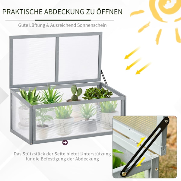 Cold Frame Drivhus Med Dæksel, Vejrbestandig, Lavet Af Træ Og Polycarbonat, Grå, 90X46X40Cm