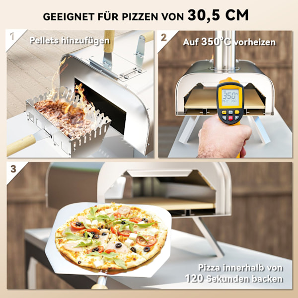 Utomhuspizzaugn, vedeldad pizzaugn av rostfritt stål, ugn med 1 cm tjock pizzasten, vikben, lock till pizzaspade, portabel vedugn, pizzaugnar för camp