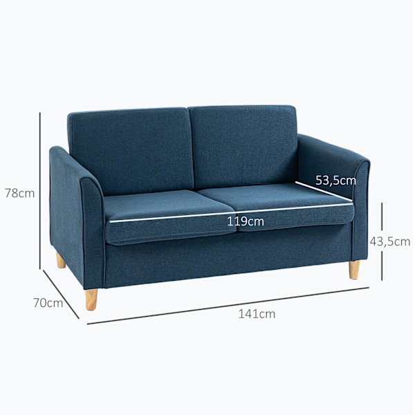 2 pers. sofa, sofa med træben, linned look, polstret sofa, dobbelt sofa i moderne stil til stue, soveværelse, blå