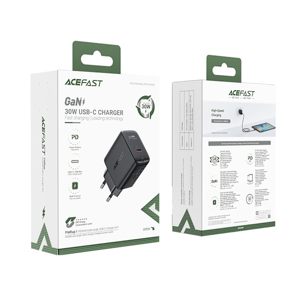 GaN USB-C 30W PD QC 3.0 AFC FCP väggladdare svart