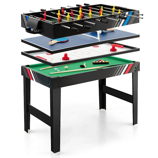 4 in 1 -monipelipöytä, jossa on pöytäjalkapallo, biljardi, ilmakiekko ja pöytätennis arcade-pelisetti