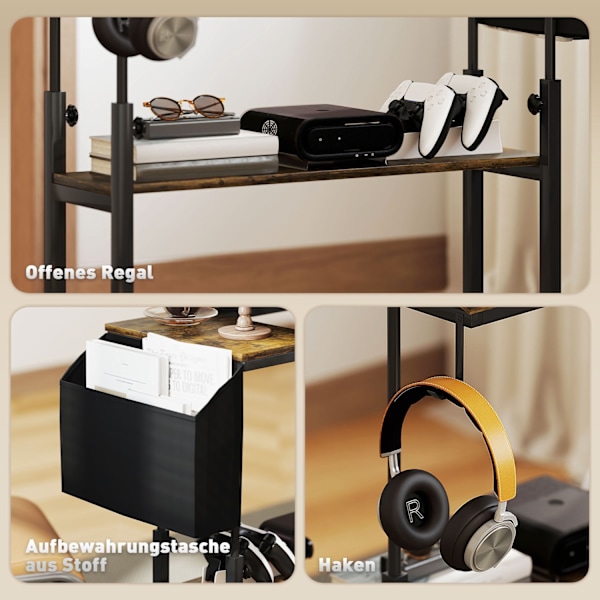 Højdejusterbart skrivebord 92 x 40 cm Computerskrivebord med hjul Vippeplatform Opbevaringspose til studiekontor Stål Rustik Brun