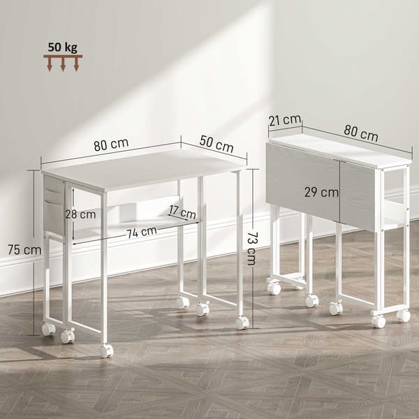 Hopfällbart skrivbord med hyllplan, vit, 50-21 cm djup
