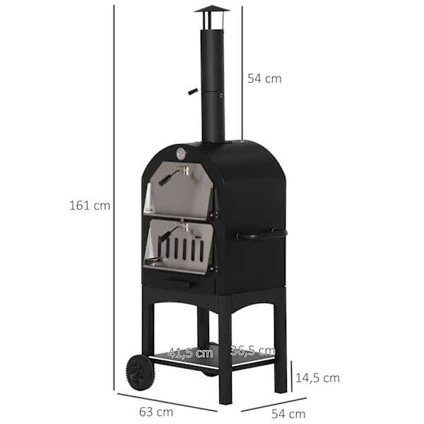 Pizzauuni Ulkona 2-In-1 Pyörillä, Grilliuuni, Suojakansi, Pizzalapio, 2 Grilliverkkoa, 3-Kerroksinen Puulämmitteinen Uuni, 63X54X161Cm