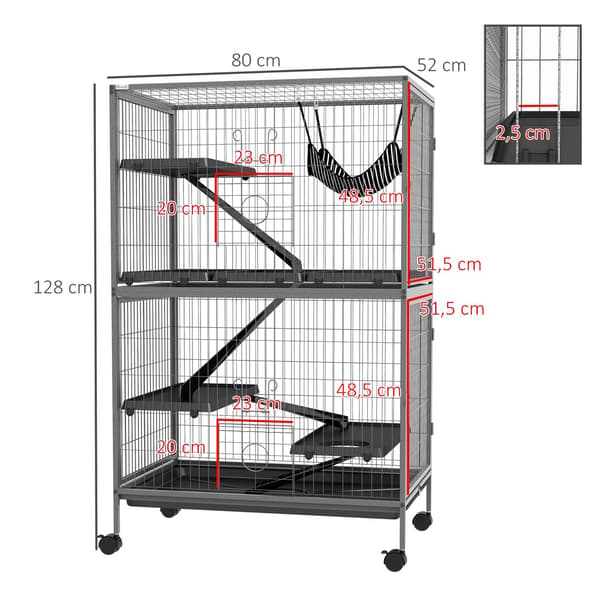 Bur til gnavere multifunktionel 4 platforme 3 ramper 4 døre dim. 80L x 52W x 128H cm Stål Grå Sølv Sort