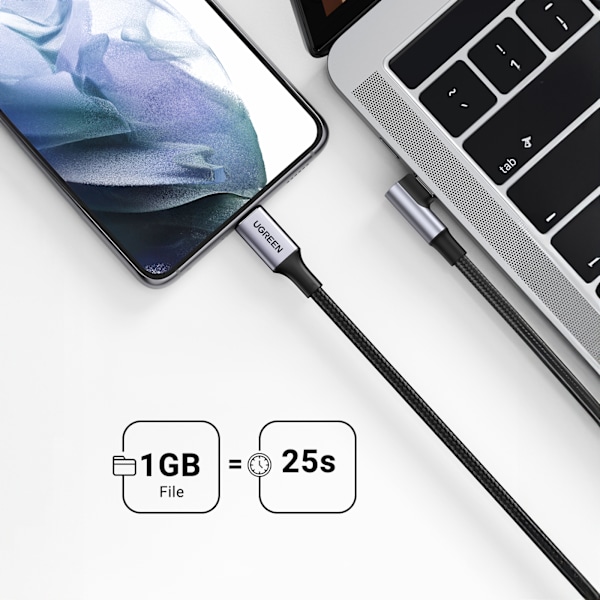 Flettet vinklet USB-C kabel 480Mb/s 2m sort og grå
