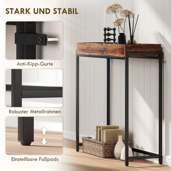 Smalt konsolbord, metal og spånplade, rustik brun