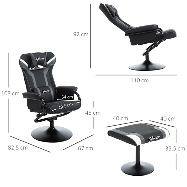 Relaxstol med pall, TV-stol och spelstol, 130° tiltbar, svartgrå, 67 x 82,5 x 103 cm för komfort och avkoppling