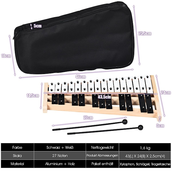 Xylofon med 27 noter med 2 klubbor och bärväska Klockspel Handslagverk percussion