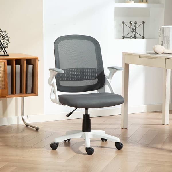 Ergonomisk kontorstol i net med foldbare armlæn, grå