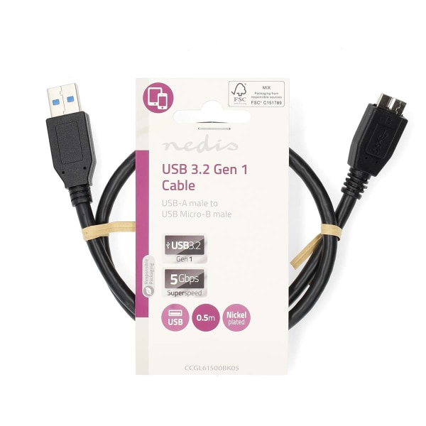 USB kaapeli | USB 3.2 Gen 1 | USB-A Uros | USB Micro-B Uros | 5 Gbps | Niklattu | 0.50 m | Pyöreä | PVC | Musta | Label