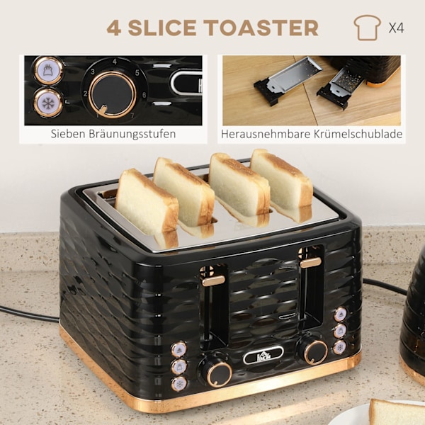 Vattenkokare Brödrost Set Frukost Set med 1,7 L vattenkokare, 4 skivor Brödrost, 2200 W, 7 Browning Levels, Upptining, Återuppvärmning och smulbricka,