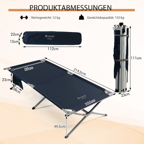 Taitettava telttasänky XXL 214,5 x 106 cm telttasänky sivutaskulla