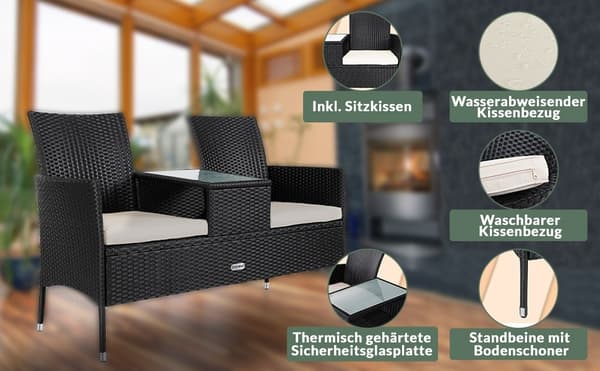 Polyrattan Jack & Jill bænk med bord – sort/creme