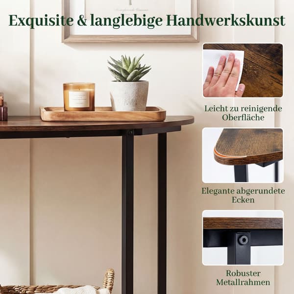 Halvmåneformad konsolbord med 2 hyllor, rustik brun