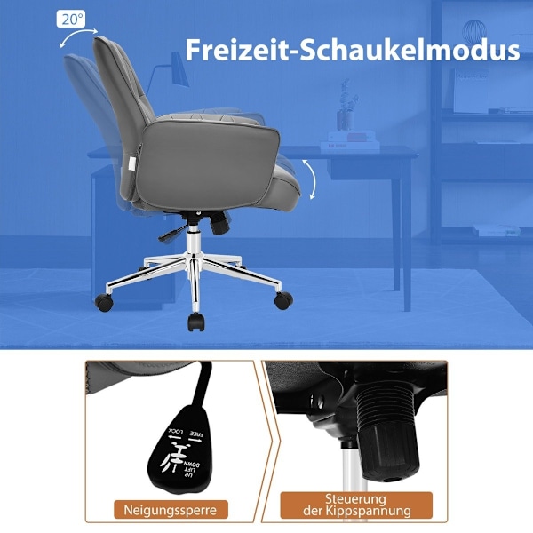 Kontorstol ergonomisk imiteret læder skrivebordsstol højdejusterbar drejestol grå